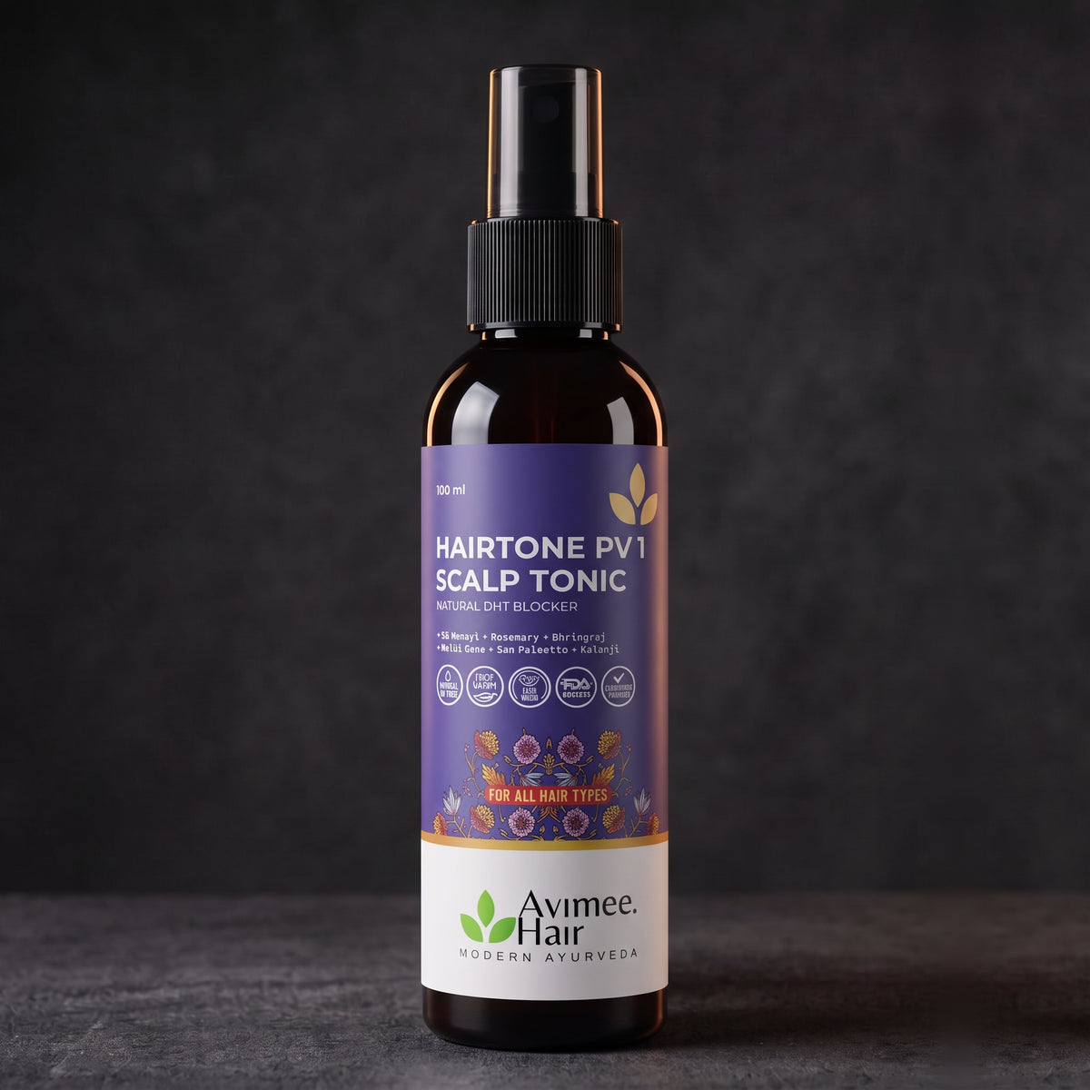 Hairtone PV1 Scalp Tonic bottle on a dark studio background