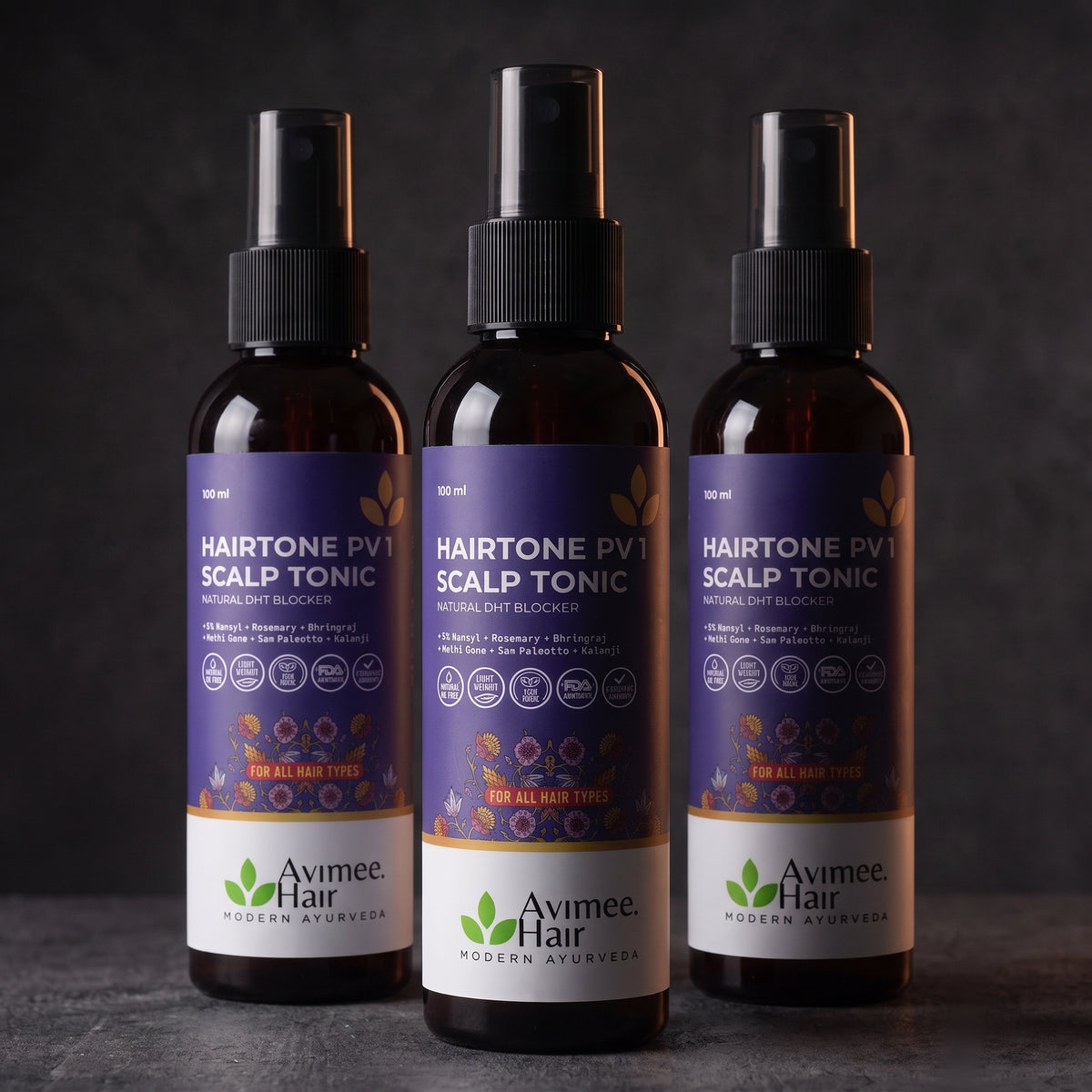 Three Hairtone PV1 Scalp Tonic bottles for the three-month supply